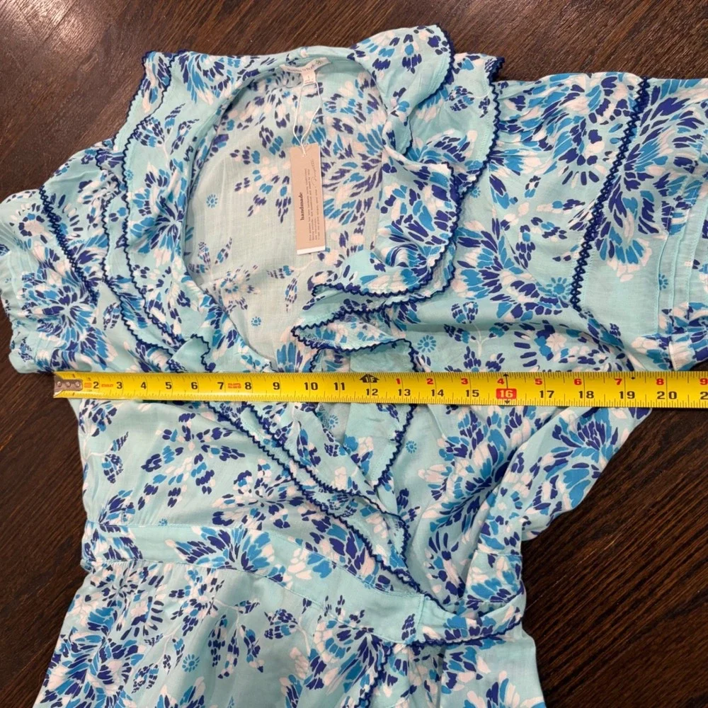Poupette St Barth Aude‎ Mini Wrap Dress Womens Large Blue Floral Ruffle Viscose